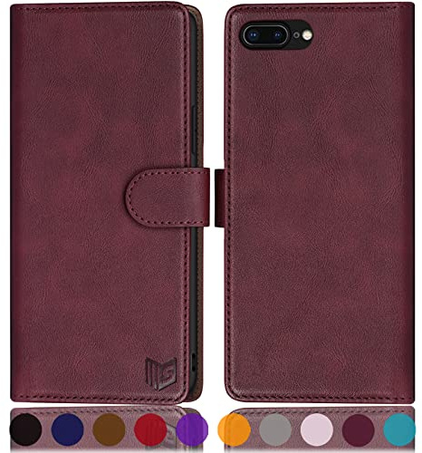 SUANPOT [RFID Schutz für iPhone 7 Plus/8 Plus 5,5-Zoll Hülle PU Leder Handyhülle Lederhülle Klapphülle Kartenfach Flip Cover für Apple 7 Plus/8 Plus Handy hülle Leather Wallet Phone Case Rotwein