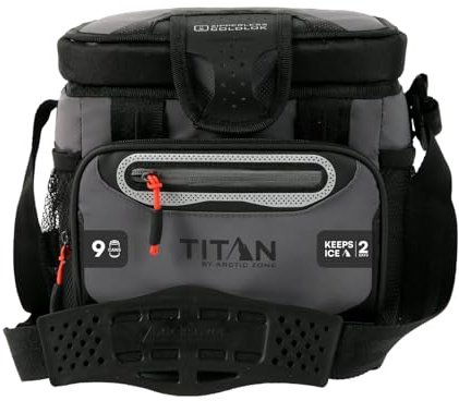 Titan by Arctic Zone Zipperless Soft Sided Cooler with HardBody Liner and SmartShelf, Insulated Bag with Shoulder Strap for Lunch and Travel, 9 Can Capacity, Sharkskin Gray