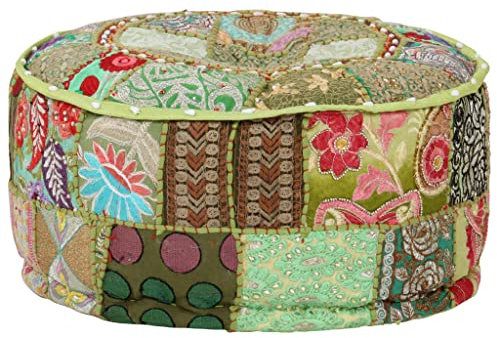 INLIFE Patchwork Sitzpouf Rund Baumwolle Handgefertigt 40x20 cm Grün