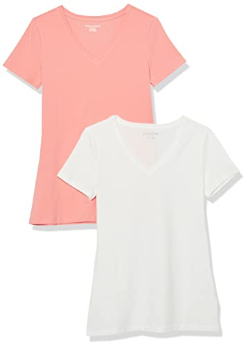 Amazon Essentials T-Shirt Col en V, à Manches Courtes, Coupe Standard Femme, Lot de 2, Pêche/Blanc, XL