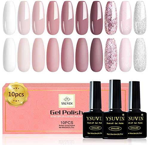 YSUVIN UV Nagellack, 10 Farben Gel Nagellack, Rosa Nude Weiß Glitter Silber Sie den UV Gel für Anfänger DIY Nail Art Maniküre Salon, Langlebig, 8ML