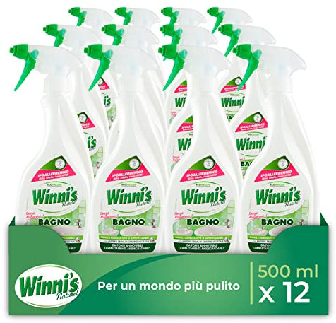 Winni's - Detergente Spray Bagno Ipoallergenico Igienizzante, Adatto alle Pelli più Sensibili, Azione Pulente e Detergente Senza Risciacquo, 500 ml x 12 Confezioni
