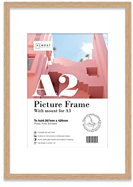 Almost Frameless A2 Oak Picture Frame With Mount for A3 (29.7 x 42cm - 11.7 x 16.5in) Poster, Photo, Artwork, or Print. Thin Edge Slim Frame Portrait and Landscape Display with Wall Hooks