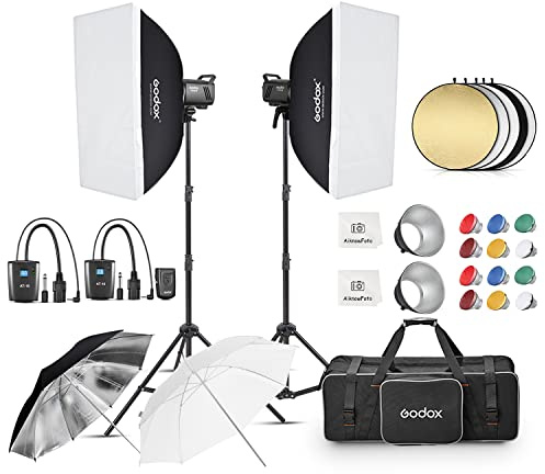 Godox 2pcs MS300V 600W Studio Strobe Flash Light Kit,2.4G Bowens Mount Lighting Flash GN58 5800K with AT-16 Trigger,Light Stands,Softboxes,Umbrella,Reflector,Carry Bag for Portrait Product Photography