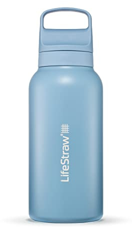 LifeStraw Go Series — Insulated Stainless Steel Water Filter Bottle for Travel and Everyday Use Removes Bacteria, Parasites and Microplastics, Improves Taste, 1L Icelandic Blue