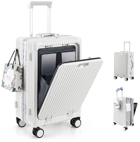 LANMOU Handbagage, lätt hårt PC-skal aluminiumram resväska med 4 spinnerhjul, bagage med dubbelt TSA-lås, bagage med mugghållare, Vitt, 35 x 23 x 56 cm (20)