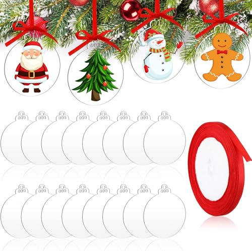 LATERN 60 Stück Weihnachtskugel Klare Acrylscheiben Ornamente, 7,6CM Runden Acryl Weihnachtsschmuck Leere Flache Kugeln mit Löchern und Rotem Band für Weihnachtsbaum Party Hängend Dekoration