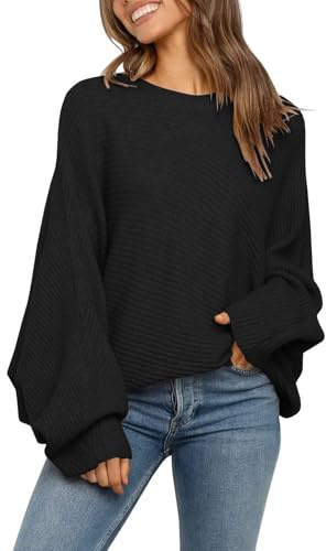 Fessceruna Maglione da Donna Oversize con Maniche a Pipistrello Lavorato a Maglia Invernale con Collo Rotondo Felpa a Coste