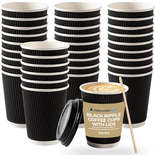 Nationwide Paper Lot de 100 tasses à café avec couvercles, isothermes en carton ondulé pour boissons chaudes à emporter (236,8 ml, noir)