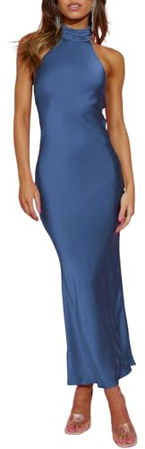 Phicia Sexy Satin Halter Neck Backless Maxi Dress for Women Elegant Tie Cowl Back Formal Wedding Guest Dress for Summer Blue