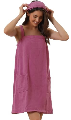 cheibear Damen Bademantel Kleid Frottee Saunakilt Saunatuch mit Tasche und Klettverschluss Spa Dusche Handtuch Bademantel Purpurrot XL