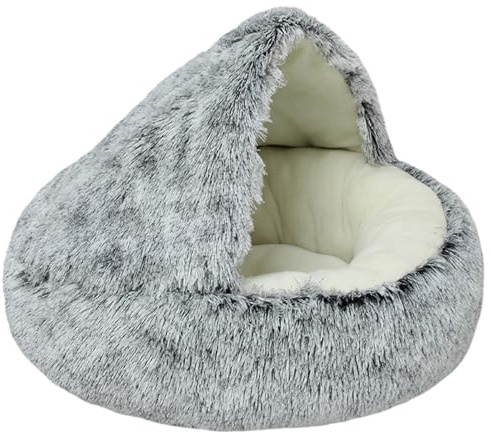 Beskie Lit apaisant pour chien et chat - Coussin en peluche moelleuse pour chiot, chaton - Grotte en forme de beignet pour petit chien - Sac de couchage d'intérieur pour chat - Doux et chaud - Gris