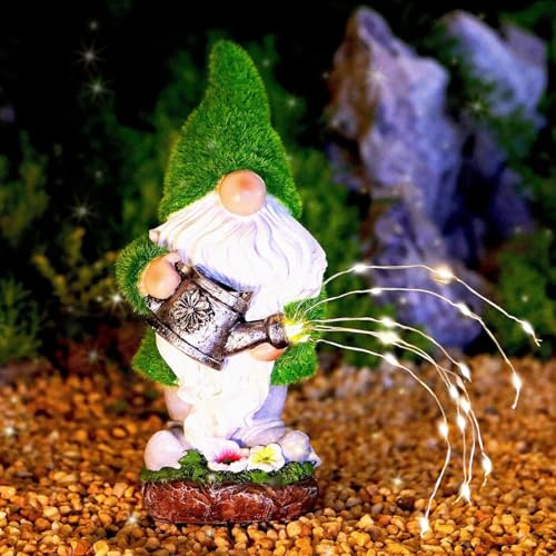 Lysliv Nains de jardin solaires floqués de 30 cm - Décoration de jardin à LED - Cadeau unique de pendaison de crémaillère - Sculptures d'art pour patio, pelouse - Vert