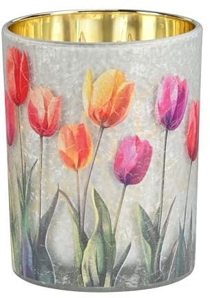 Windlicht Tulpen bunt Glas Kerzenhalter Glaswindlicht rosa rot Gold Teelicht Frühlingsdeko Sommerdeko H=12,5 cm