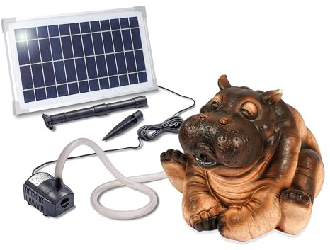 Esotec Solar Wasserspeier Set Flusspferd Hippo Solarbrunnen 101660 | 8Wp Solarmodul, 380l/h Pumpe, Polyresin Flusspferd, IP68, Trockenlaufschutz, Durchflussregler, Wasserstrahl 20cm, 5m Kabel
