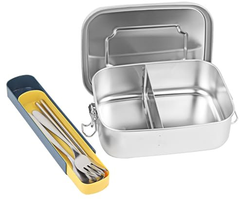 AZKEEGREY Brotdose Edelstahl mit Fächern 1200ml, Lunchbox Erwachsene Auslaufsicher mit Gabeln und Löffel, Brotdose Metall aus 304 Edelstahl Umweltfreundliche 18.5x14x6.3 cm