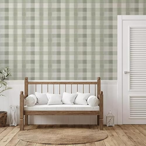 SOPHIE LAURENCE Sage Green Check Wallpaper - Textured Country Style, Heavyweight Paper, Spongeable & Wet Removable, 0.53m x 0.53m Sample, Paste The Paper Application