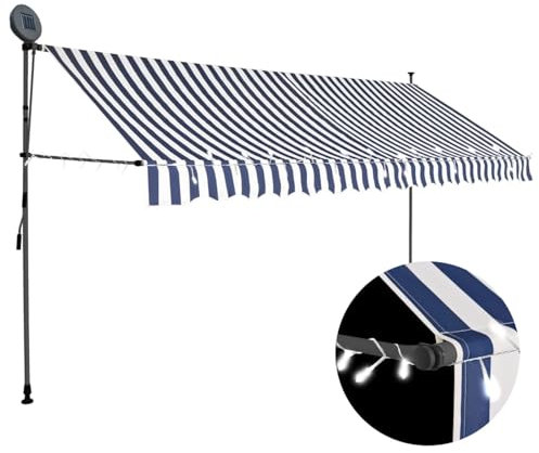 heybb Einziehbare Markise Handbetrieben mit LED 350 cm Blau und Weiß Markise Einziehbar Balkonmarkise Klemmmarkise Sonnenschutz Garten
