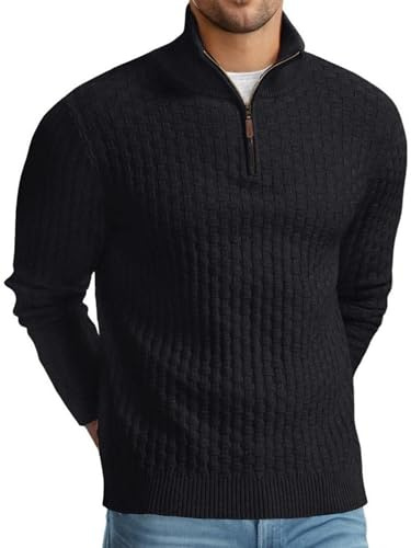 QIXING Troyer Herren Pullover mit Zopfmuster und Waffelmuster - Weicher Freizeit-Strickpullover mit 1/4-Reißverschluss und gerippten Kanten Pulli Herren