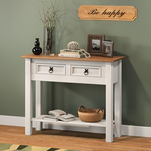 Corona White 2 Drawer Console Table Solid Wood Pine Wooden Painted Hallway Stand Telephone Lamp Side Unit Kitchen Living Room Sideboard Shabby Chic Mexican Style 73cm High 88cm Wide 32cm Deep