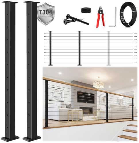 Zylorix 36 One-Stop Black Cable Railing Post Kits(Super Easy DIY), Include 2Pack Level Drilled Line Posts, 98ft Wire Rope, Complete Cable Railing System DIY Kit with Cutter(No Handrail)