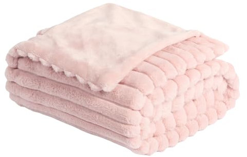 OHS Faux Fur Ribbed Pink Throw, Winter Warm Thick Blanket for Bed Sofas Fleece Throws for Home Decorative Comfy Super Soft Couch Cover Throw, 125 x 150cm - Blush