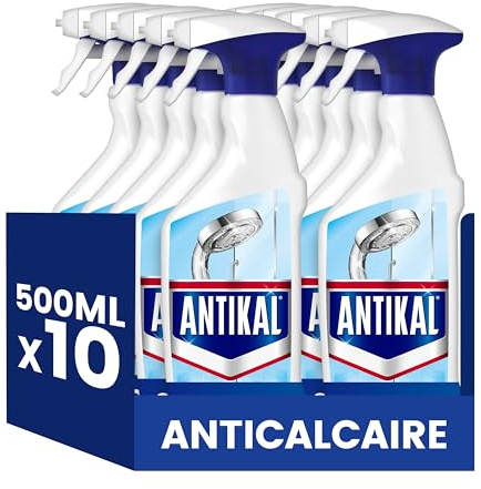 Antikal Spray pour Salle de Bain (500ml x10), Technologie Anti-Gouttes, Élimine Jusqu’à 99.99pour cent Du Calcaire, Parfum Classique