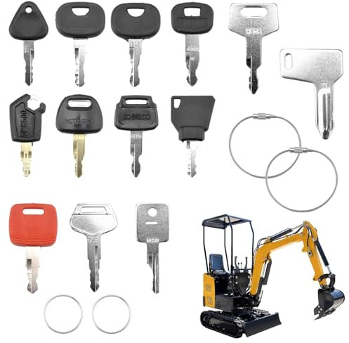 UOCAI Set di 13 chiavi di accensione, per macchine da costruzione, con 5 anelli, interruttore di accensione e escavatore, per Takeuchi, Kubota, Komatsu, Hitachi, Caterpillarr, Kobelco, Volvo
