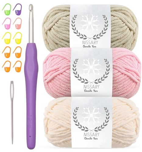 Chenille wolle zum häkeln - 3x50g Flauschige Dicke Wolle Set mit 5mm Häkelnadel, Weiche Häkelwolle für Babyprojekte & Decken, Chenille Garn für Handwerk