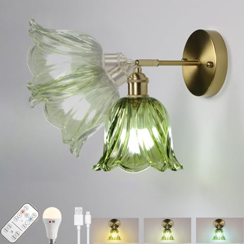 LOGT Vintage Battery Operated Wireless Wall Sconces Rechargeable Gold Wall Lamp With Remote Dimmable Indoor Wall Light Green Flower Lampshade Wall Lighting Glass Crystal for Bedroom Living Room,1pcs