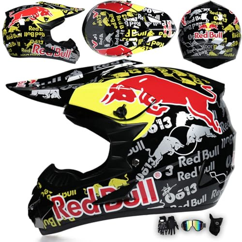 MODRYER Casco De Motocross ECE Casco Integral Mujer Hombre Casco De Moto Casco Cross con Gafas Guantes Máscara, Casco Descenso para ATV MX Enduro Quad BMX MTB,Red-S