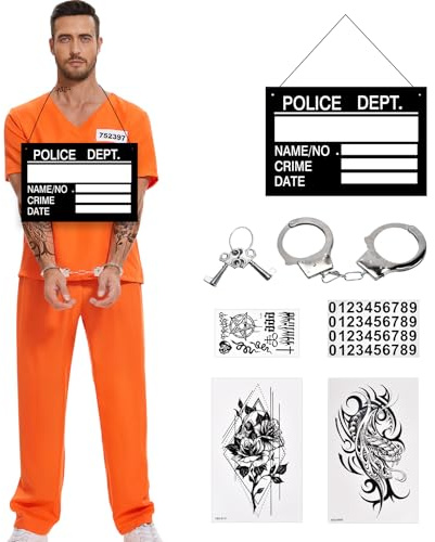 Charmofun Disfraz Preso Hombre, Disfraz de Prisionero Naranja para Adultos, Disfrazs Carcelero Hombre con Esposas de Halloween Cosplay (M)