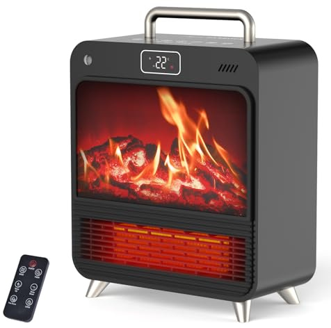 Calefactor Bajo Consumo,1500 W Radiador Eléctrico de Llama 3D Realista,4 Modos&Termostato,Temporizador 12H, Protección Sobrecalentamiento/Vuelco,33 cm Calefactor Cerámico Silencioso Para Uso Interior