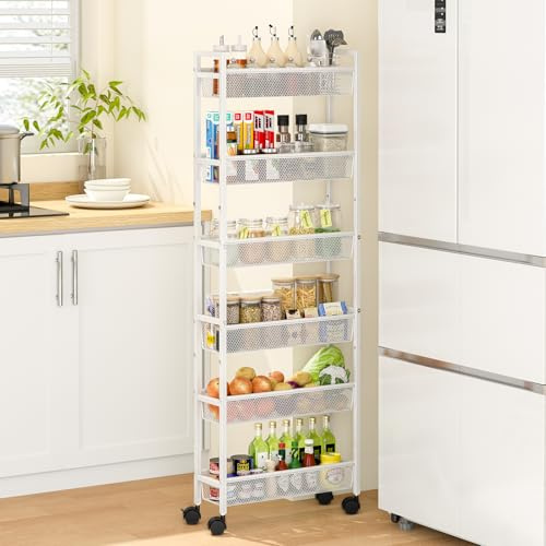 ThreeHio 6 Tier Slim Storage Cart, Narrow Cart with Wheels, Metal Mobile Shelving Unit Organizer for Bathroom, Kitchen, Laundry Room, Living Room & Narrow Spaces, White, 6in(W)