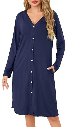 Sopesil Camicia da Notte Donna Maniche Lunghe Camicia da Notte Aperta Davanti con Bottoni e Collo a V Pigiama Vestito Donna Morbido per Dormire Casa Relax Blu Navy,M