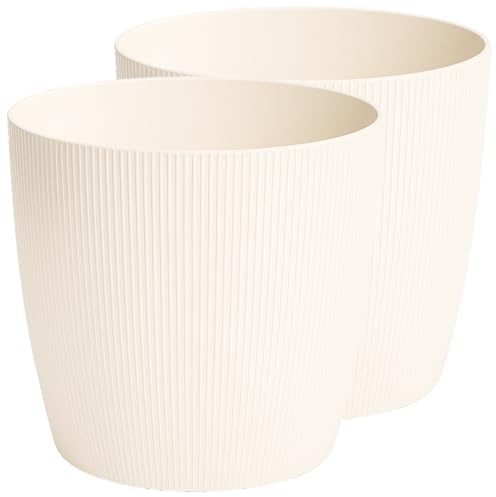 Home Garden Ornaments Modern Striped Plastic Plant Pots Indoor/Outdoor, 2 Pack, Cream, 13.5cm (5.3 inch)