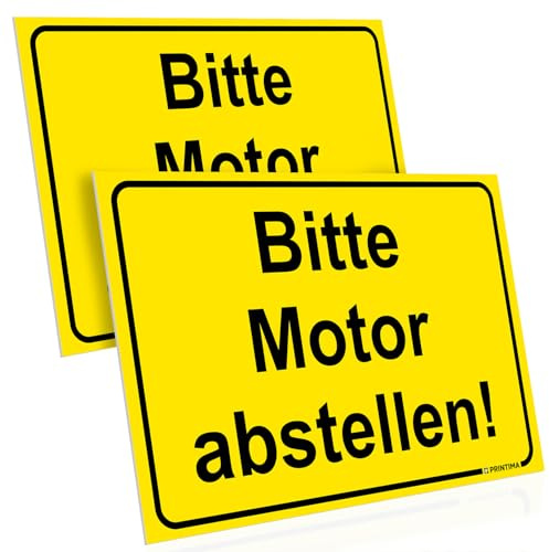 PRINTIMA 2x Schild Bitte Motor abstellen! 32x21 cm – Hinweisschild PVC wetterfest mit Schrauben & Dübel – Parkplatzschild für Einfahrt, Schule, Kita, Firmenparkplatz