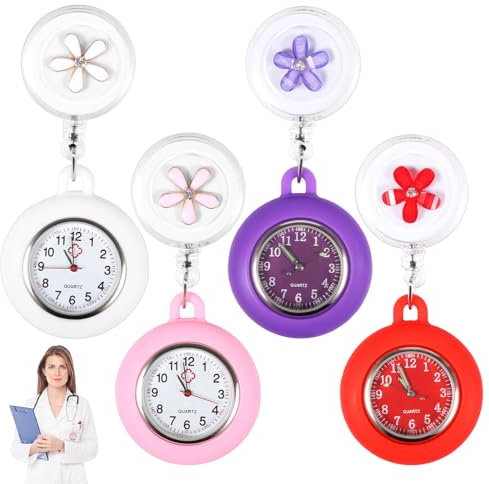 4 Stück Krankenschwester Taschenuhr,Tragbare Einziehbare Krankenschwestern Armbanduhr mit Silikonhülle,Schwesternuhr mit Clip,Personalisiert Krankenschwester Uhr für Ärzte, Studenten,Pflegekräfte