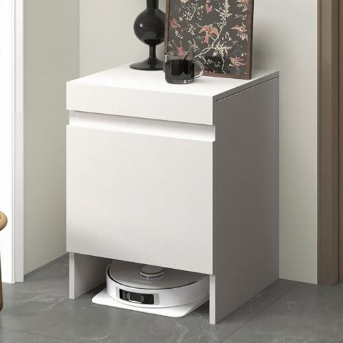 Armario con soporte para aspiradora de robot blanco, mesa auxiliar oculta y mesita de noche para barredora de vaciado automático, fácil cambio de agua, elegante solución de muebles para el hogar