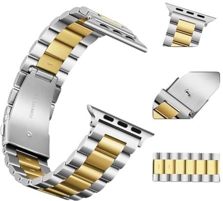 LAMBARDAR Compatible with Apple Watch Straps 46 45 42 49, Metal Stainless Steel Band for iWatch Ultra SE 3/2/1/Series 11/10/9/8/7/6/5/4/3/2/1 (Silver_Gold, 44mm/45mm/46mm/49mm (42mm Series 3 2 1))