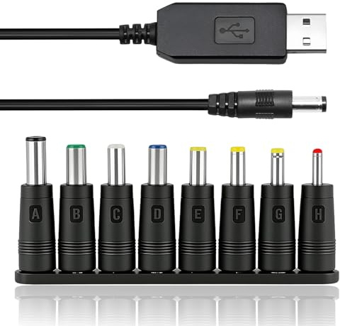 USB to DC 12V Cable 5.5x2.1mm Plug Adapter 1m Universal Power Chager Cord with 8 Interchangeable DC Connectors Round Pin Barrel Jack for Laptops Speakers Router Keyboard Toys Toothbrush Monitor
