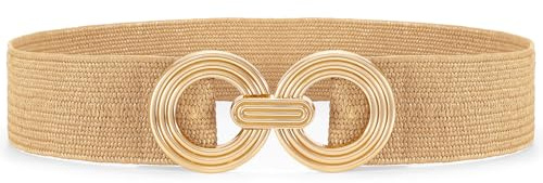 JasGood Stroh Geflochtener Elastischer Breiter Gürtel für Damen Taillengürtel Rattan Flechtgürtel Gewebter Boho Gürtel für Kleider mit Mode Goldschnalle,Khaki,85cm