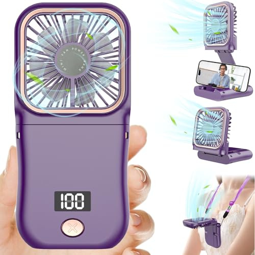 Kouric Hand Fan Rechargeable,3 Adjustable Wind Speeds,180° Foldable Stand,Portable Hand Held Fans Folding with Phone Holder,4-in-1 Hand-held Necklace Desk Design as Summer Gifts Women,Kids,Men,Purple