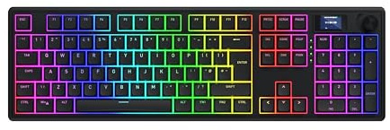 HATOR Skyfall 100 Pro Clavier de jeu mécanique sans fil avec commutateurs mécaniques silencieux, remplaçable à chaud, RGB, joint d'étanchéité, écran TFT, 1000 Hz, 2,4 GHz/Bluetooth/USB-C, disposition