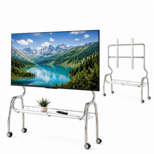 Portabel Mobil TV Vagn, Rullbart TV Stativ | Rostfritt Stål, Låsbara Hjul med Förvaringshylla för 32–75 Tums TV-apparater(White,90cm/35.4in)