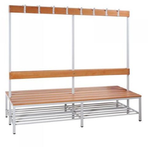 Lüllmann Sitzbank Garderobensitzbank Umkleidebank doppelseitig mit Schuhrost freistehend 120cm 806105 Buche, Gestell Stahl Lichtgrau