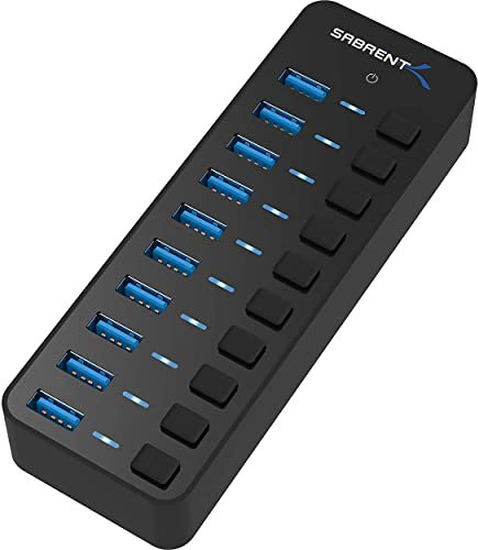 SABRENT USB Hub 10 Port Powered USB Docking Station 60W, Fast data Hub Multiple 3.2x1 USB Splitter, LEDs On/Off Switch Compatible with PC Laptop MacBook iMac (HB-BU10)