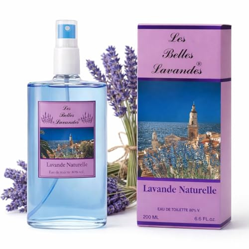 Les Belles Lavandes Eau de Toilette Lavendel, natürlich, 200 ml, floraler Aromaduft mit ätherischen Ölen der Provence, nachfüllbar, hergestellt in Frankreich an der Côte d'Azur