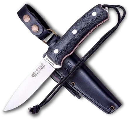 Joker Cuchillo Bushcraft deportivo Bushcrafter CM120-P, mango micarta negra, hoja de 10,5 cm, funda piel con pedernal y rascador, Herramienta de pesca, caza, camping y senderismo