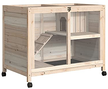 PawHut Cage à Lapin clapier sur roulettes Petit enclos Animaux en Bois Massif 2 étages Toit ouvrant Plates-Formes 91,5 x 53,3 x 73 cm Bois Naturel